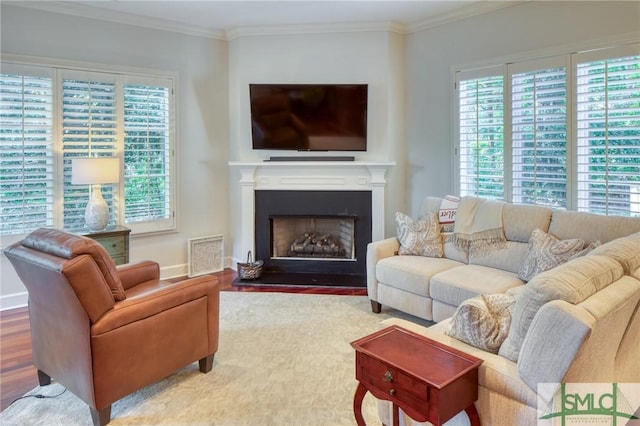 living area featuring ornamental molding, a healthy amount of sunlight, a fireplace, and wood finished floors