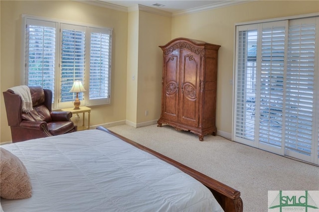 bedroom with visible vents, ornamental molding, carpet flooring, access to outside, and baseboards