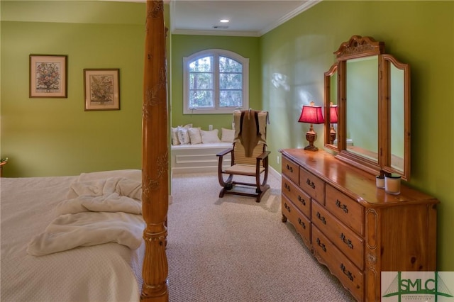 bedroom featuring crown molding, recessed lighting, light colored carpet, visible vents, and baseboards