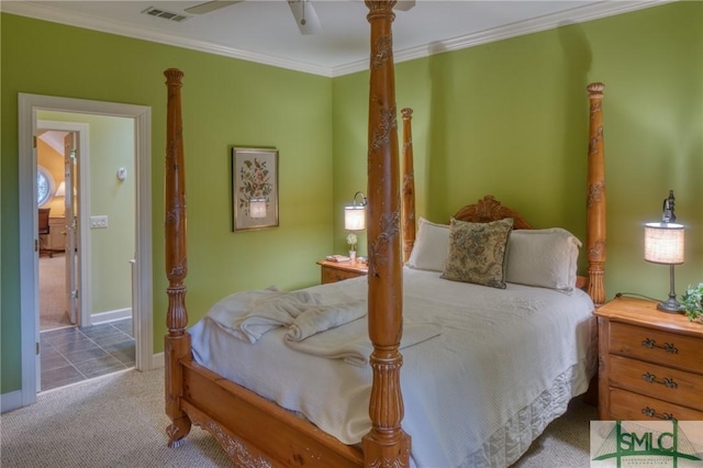 bedroom featuring carpet, visible vents, crown molding, and baseboards