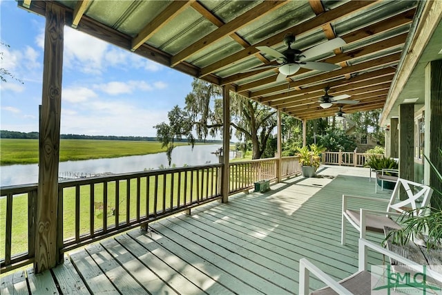 wooden terrace featuring a yard, ceiling fan, and a water view