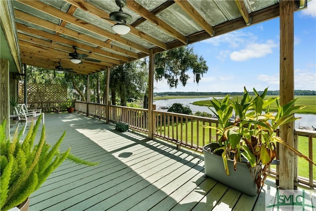 wooden terrace featuring ceiling fan and a water view