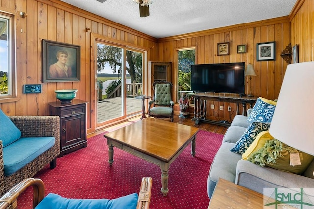 living room featuring ceiling fan, wooden walls, and a textured ceiling