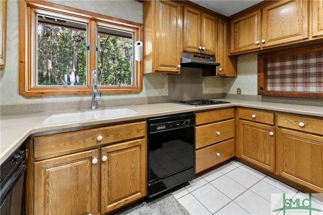 kitchen featuring sink, light tile patterned floors, backsplash, black dishwasher, and stainless steel gas stovetop