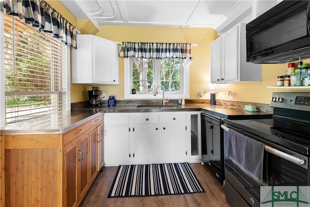 kitchen featuring stainless steel electric range oven, dark hardwood / wood-style floors, sink, and white cabinets