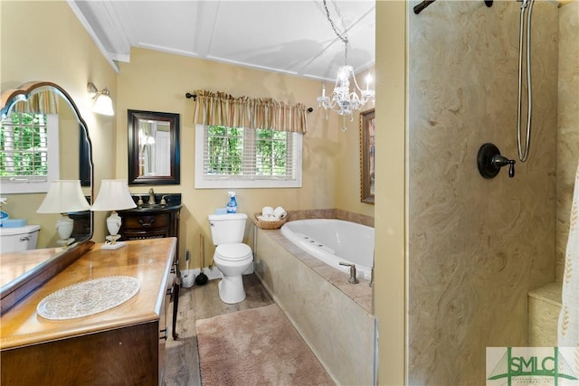 full bathroom featuring toilet, wood-type flooring, separate shower and tub, vanity, and a notable chandelier