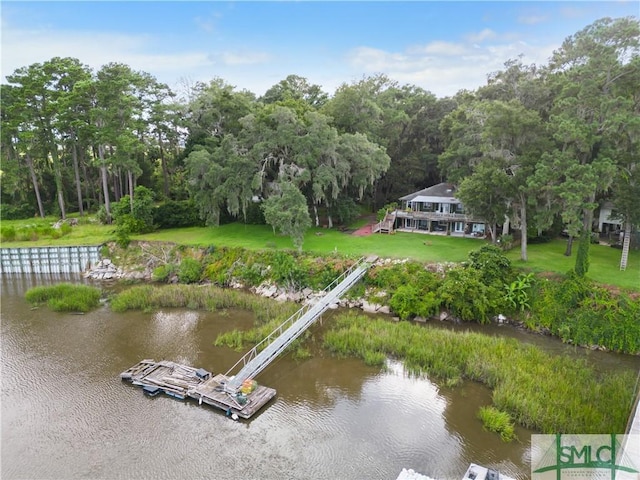 drone / aerial view with a water view