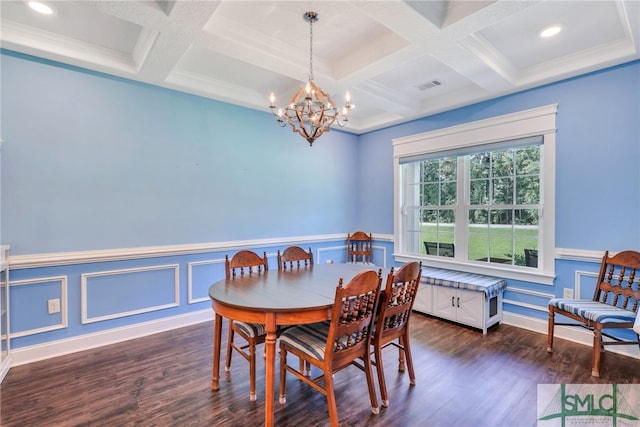 dining area with beamed ceiling, coffered ceiling, dark hardwood / wood-style floors, and a chandelier