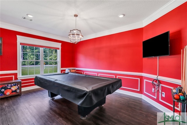 playroom featuring pool table, dark hardwood / wood-style flooring, and ornamental molding