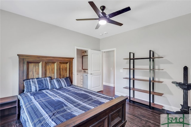 bedroom featuring dark wood-type flooring, ceiling fan, and connected bathroom