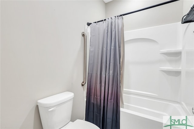 bathroom with shower / bathtub combination with curtain and toilet