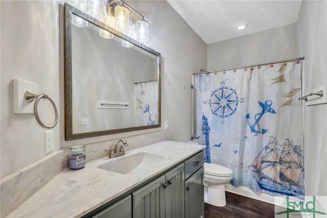 bathroom with wood-type flooring, toilet, and vanity