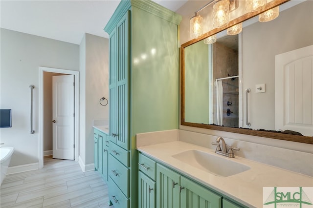 bathroom with vanity, tile patterned floors, and walk in shower