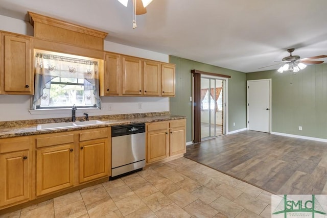 kitchen with ceiling fan, plenty of natural light, dishwasher, and sink