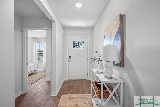 foyer entrance with dark hardwood / wood-style flooring