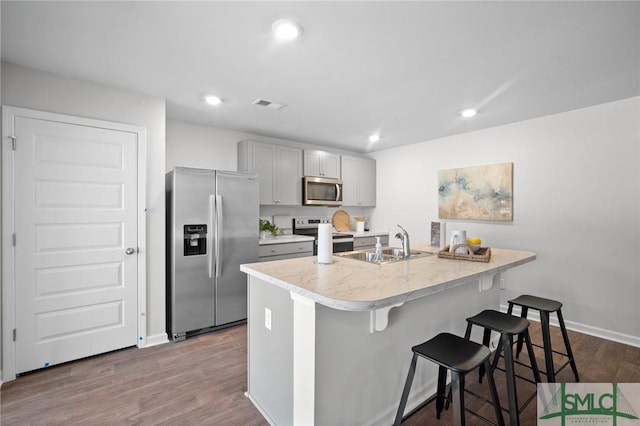 kitchen with gray cabinets, appliances with stainless steel finishes, sink, a kitchen breakfast bar, and a center island with sink