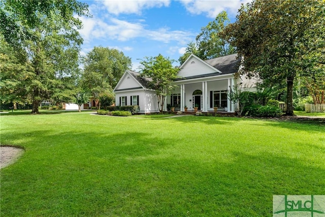 exterior space featuring a porch and a front lawn