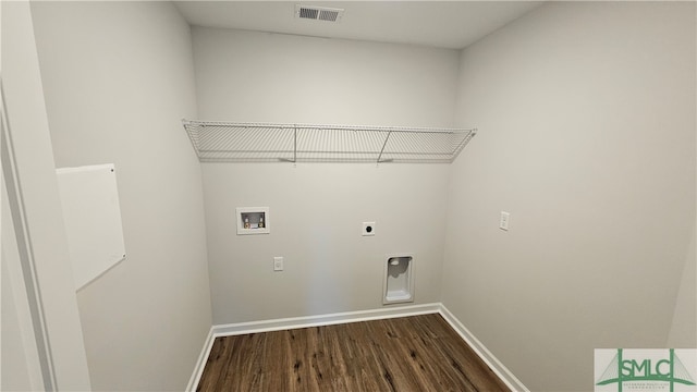 laundry room featuring electric dryer hookup, washer hookup, and wood-type flooring