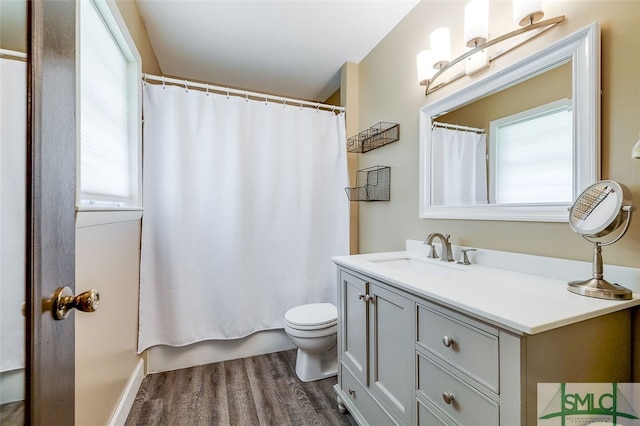 bathroom featuring hardwood / wood-style flooring, toilet, and vanity