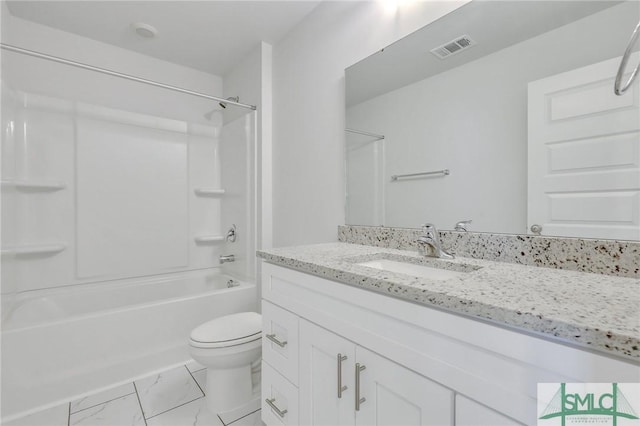 full bathroom with shower / bathing tub combination, vanity, and toilet