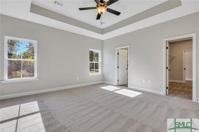 unfurnished bedroom featuring a raised ceiling, a spacious closet, light carpet, and ceiling fan