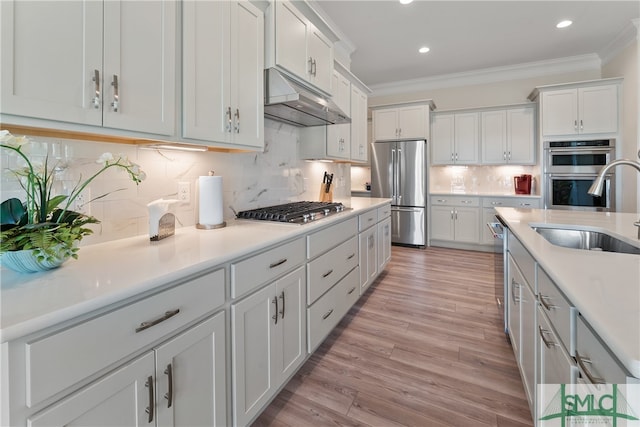 kitchen with crown molding, sink, light wood-type flooring, tasteful backsplash, and stainless steel appliances