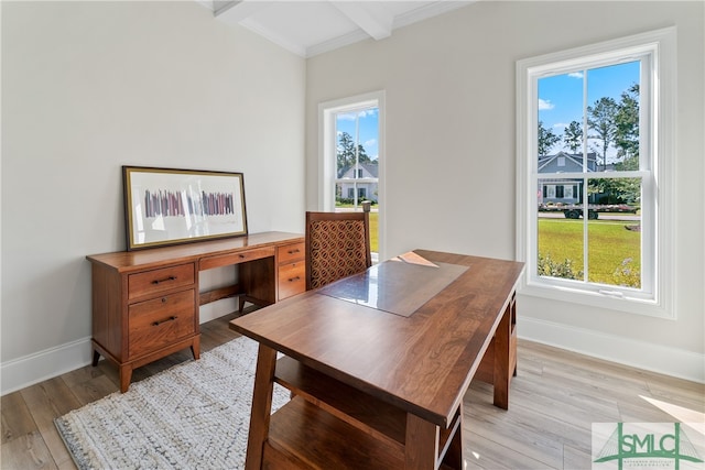 office space featuring beam ceiling, plenty of natural light, and light hardwood / wood-style floors