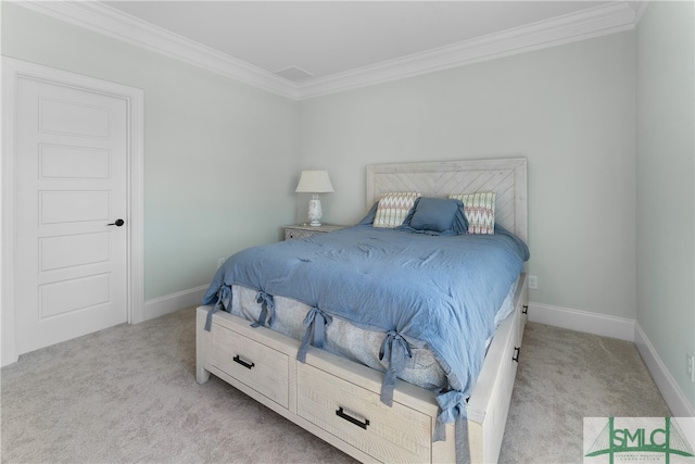 bedroom with light colored carpet and crown molding