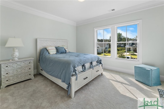 bedroom featuring light carpet and crown molding