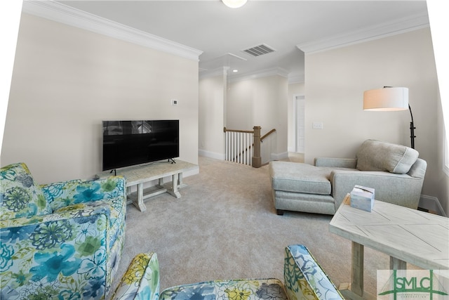 carpeted living room featuring ornamental molding