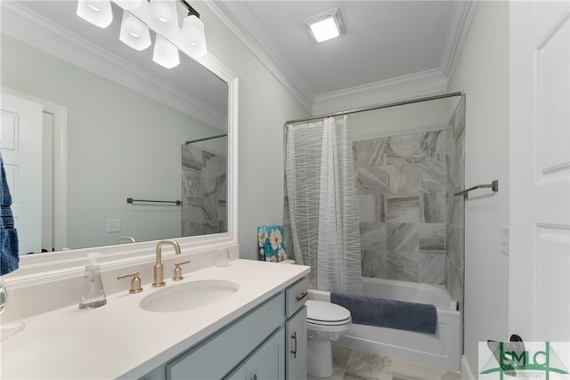 full bathroom with crown molding, shower / tub combo with curtain, vanity, and toilet