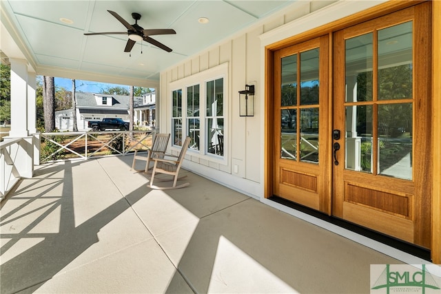 exterior space with ceiling fan, a porch, and french doors