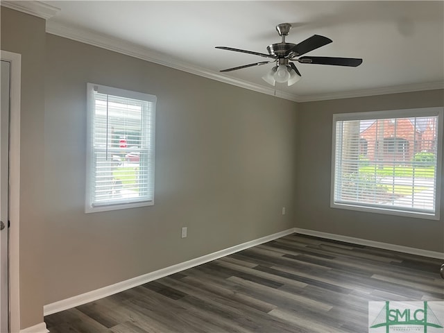 unfurnished room with ornamental molding, ceiling fan, and hardwood / wood-style floors