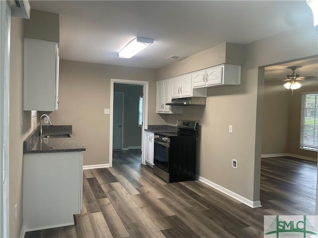 1340 E Henry St, Savannah, GA 31404 - kitchen featuring stainless steel electric range, a ceiling fan, a sink, and dark wood-type flooring