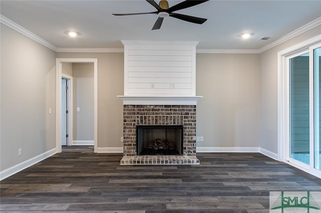 unfurnished living room featuring a fireplace, wood-type flooring, ceiling fan, and crown molding