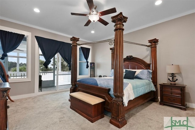 bedroom featuring access to outside, carpet flooring, and crown molding