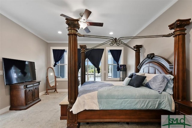 bedroom featuring light carpet, baseboards, and recessed lighting