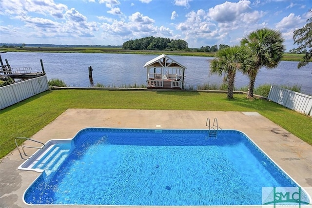 view of pool featuring a gazebo, a lawn, a water view, and a fenced in pool