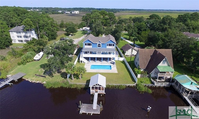 bird's eye view with a water view