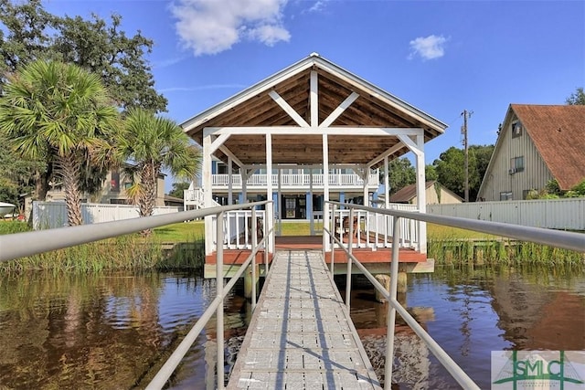 dock area featuring a water view and fence