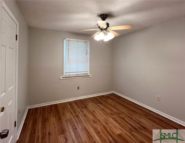 unfurnished bedroom featuring hardwood / wood-style floors and ceiling fan