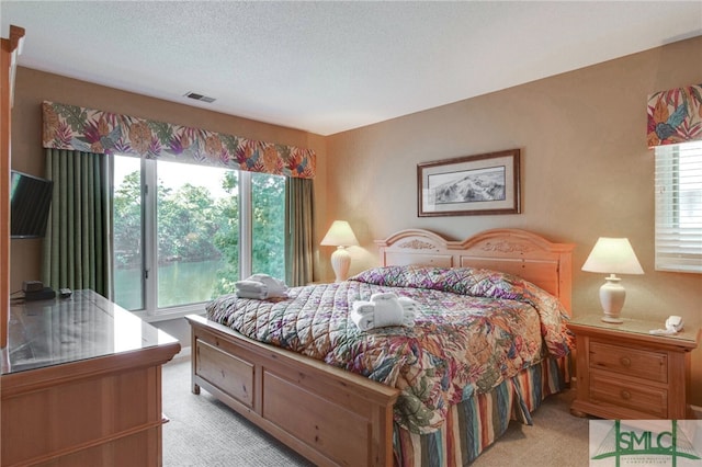 bedroom featuring a textured ceiling, multiple windows, and light carpet