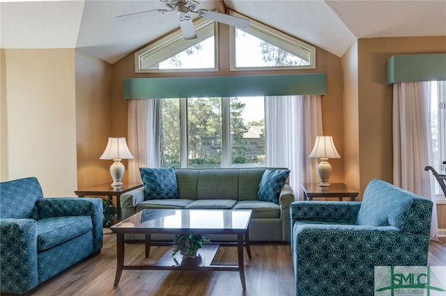 living room featuring hardwood / wood-style flooring and lofted ceiling