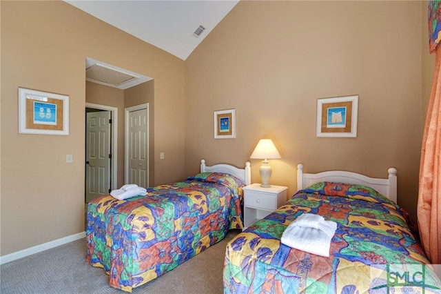 bedroom with high vaulted ceiling and carpet