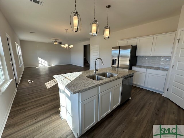 kitchen featuring pendant lighting, a center island with sink, sink, appliances with stainless steel finishes, and white cabinetry