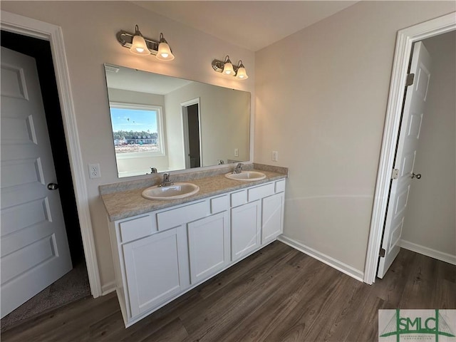 bathroom with hardwood / wood-style flooring and vanity