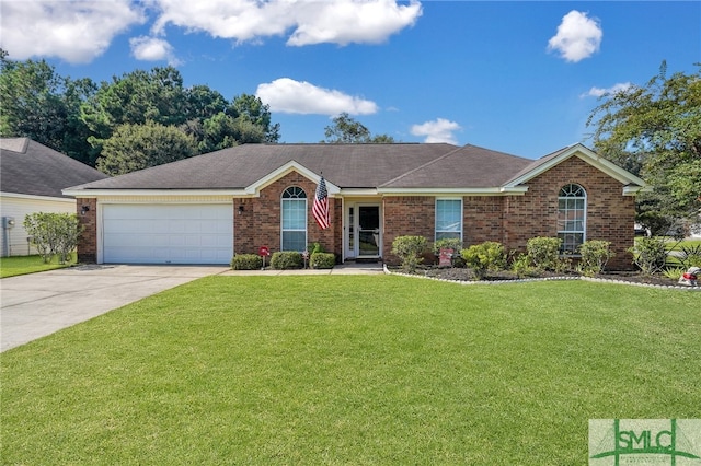 single story home featuring a garage and a front yard