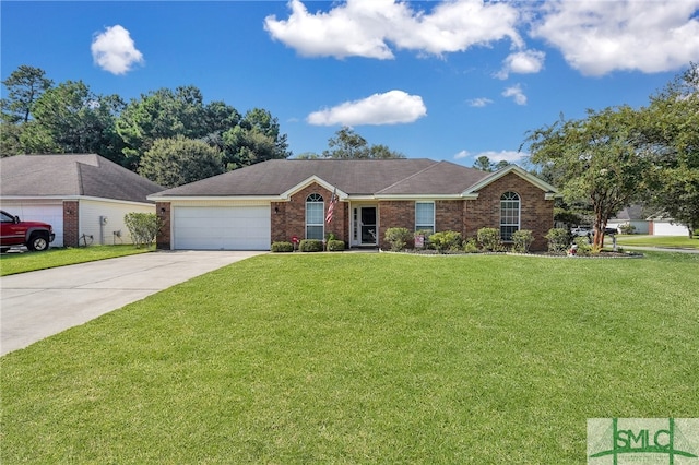 single story home with a front lawn and a garage