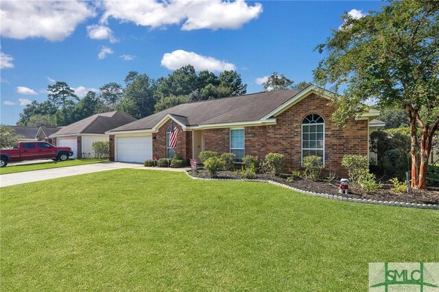 ranch-style home with a garage and a front yard