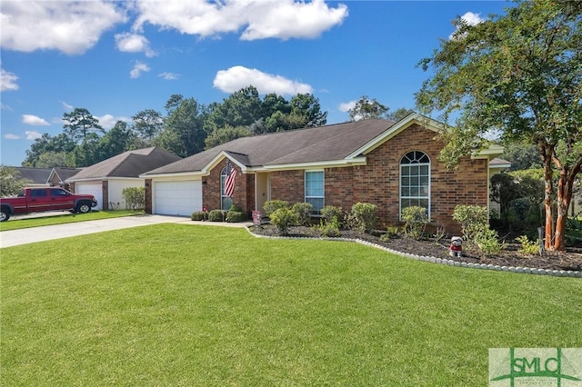 ranch-style home featuring a garage and a front yard